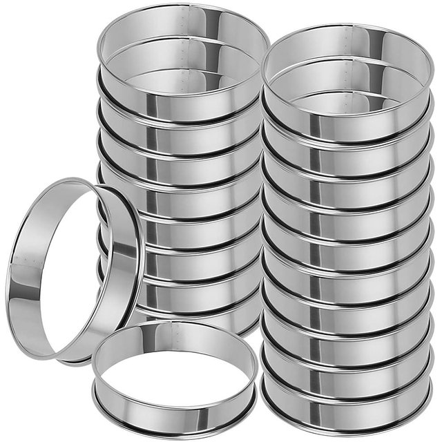 MUKLEI 20 Pack 4 Inch English Muffin Rings, Double Rolled Tart Ring, Stainless Steel Crumpet Rings Nonstick Metal Round Ring Pastry Mold for Baking, Silver