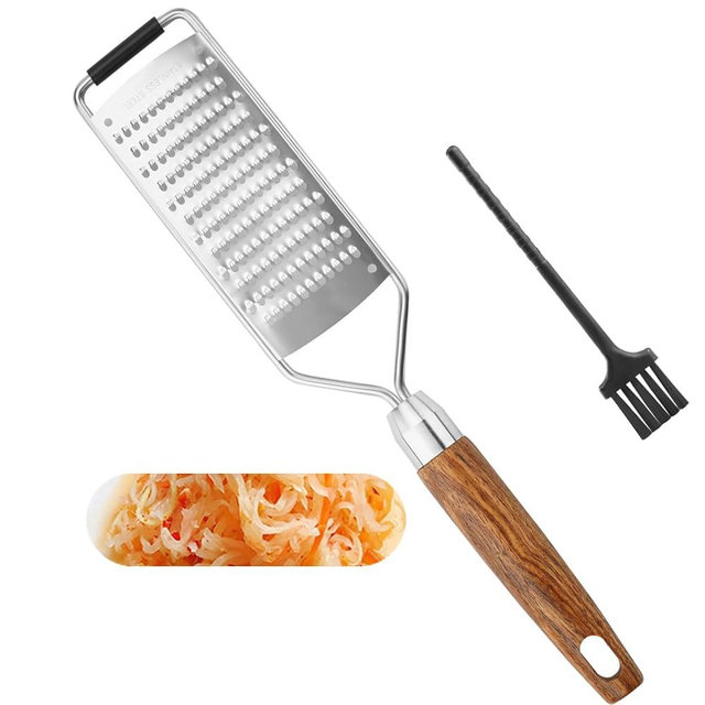 SHIKORI Stainless Steel Cheese Grater with Natural Wood Handle for Parmesan Cheese Lemon, Ginger, Cheese, Nutmeg, Potato, Chocolate and Garlic, With Protective Cover-Round Hole
