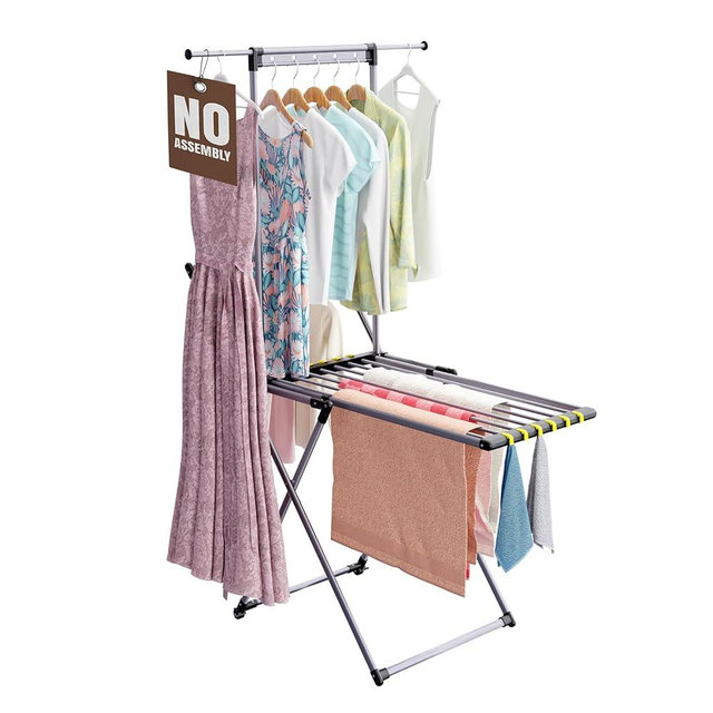 Clothes Drying Rack with Sock Clip, No Assembly, Telescopic Hanging Rod for Long Clothing, Metal Construction, Non-Slip Feet, Hidden Wheels, Foldable, Portable, For Laundry Room, Indoor & Outdoor