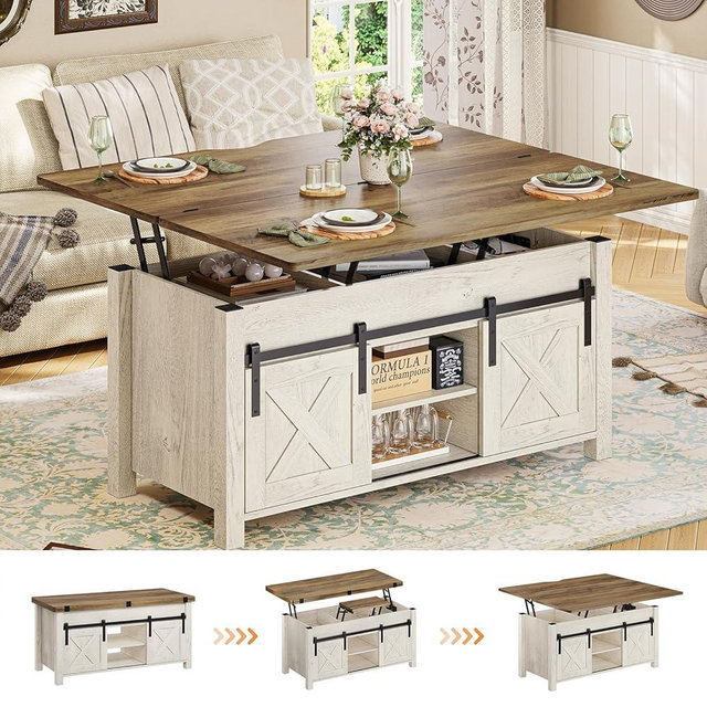 SEDETA Lift Top Coffee Table, 4 in 1 Multi-Function Convertible Coffee Tables with Storage and Hidden Compartment, Farmhouse Coffee Table Converts to Dining Table for Living Room, Brown Top