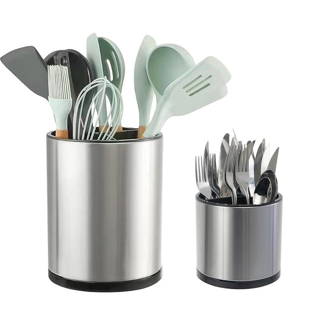 LIBODOUR Kitchen Utensil Holder Extra Large Rotating For Counter Organizer Stainless Steel Storage Cooking Silverware Caddy 3 Compartment Flatware Spoon Spatula Tool Cutlery Container（2 Set Silvery）
