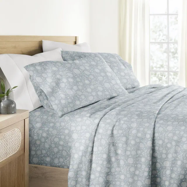 Bohemian Garden 100% Cotton Sateen Sheet Set – Oeko-Tex Certified, Superior Softness & Style - Becky Cameron, Blue, King