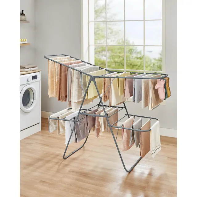 2-Level Foldable Clothes Drying Rack - Free-Standing & Large. Features 33 Rails, Height-Adjustable Wings, Sock Clips. Gray color.