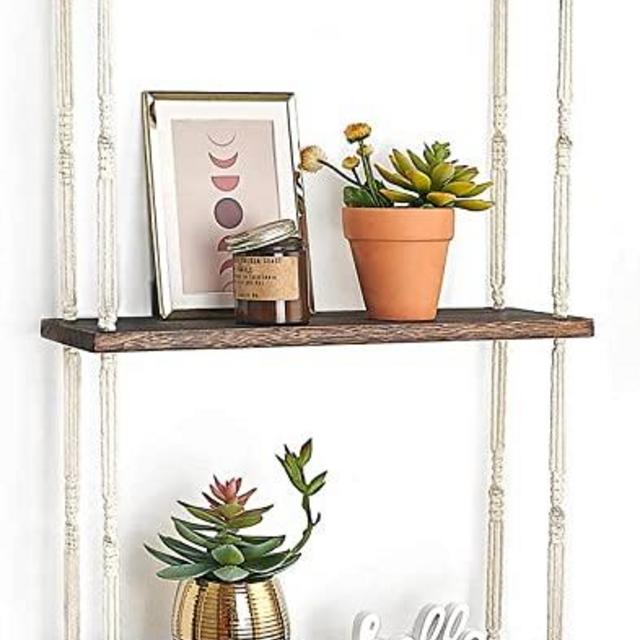 Mkono Macrame Wall Hanging Shelf 3 Tier Wood Floating Shelves with Cute Woven Rope Boho Room Decor Display Photos Plant Hanging Storage Shelves for Bathroom, Bedroom, Living Room, Nursery