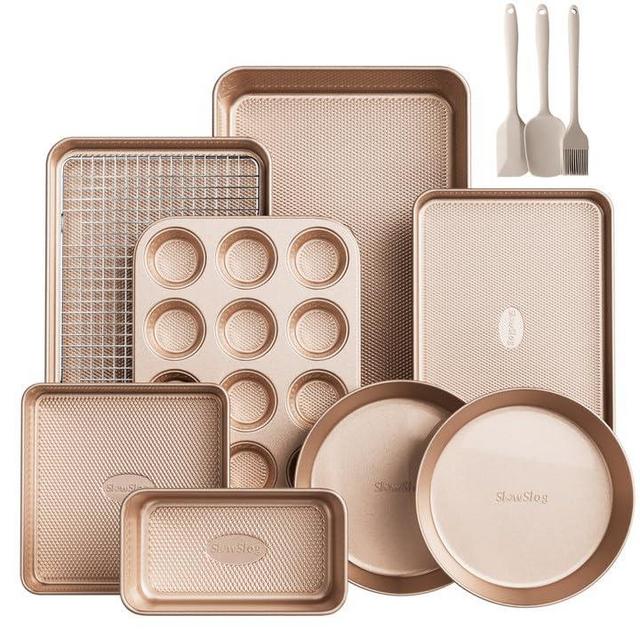 12-Piece Nonstick Bakeware Set with Baking Pan, Cake Pan, Muffin Pan, Loaf Pan, Square Pan, Roasting Pan, Cookie Pan, Cooling Rack & Utensils (Ceramic Coated Gold)