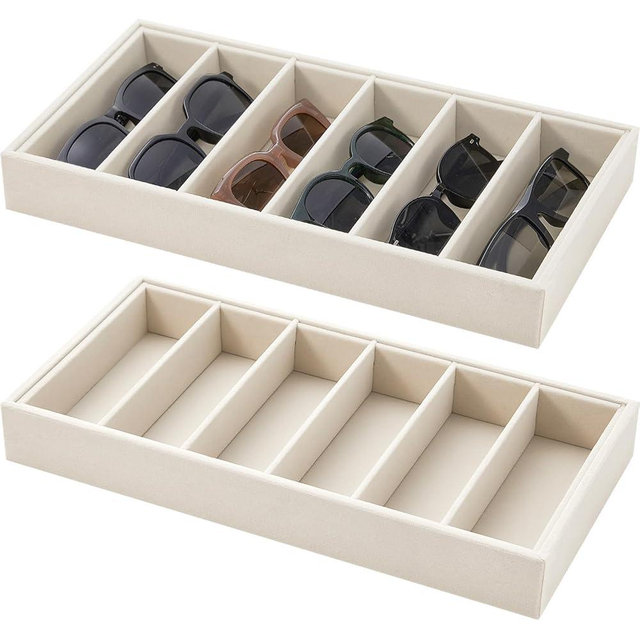 Juexica 2 Pcs Velvet Sunglasses Organizer Tray 6 Grid Sunglass Organizer Velvet Tray Stackable Glasses Display Case for Women Glasses Jewelry Display Watch (Beige)