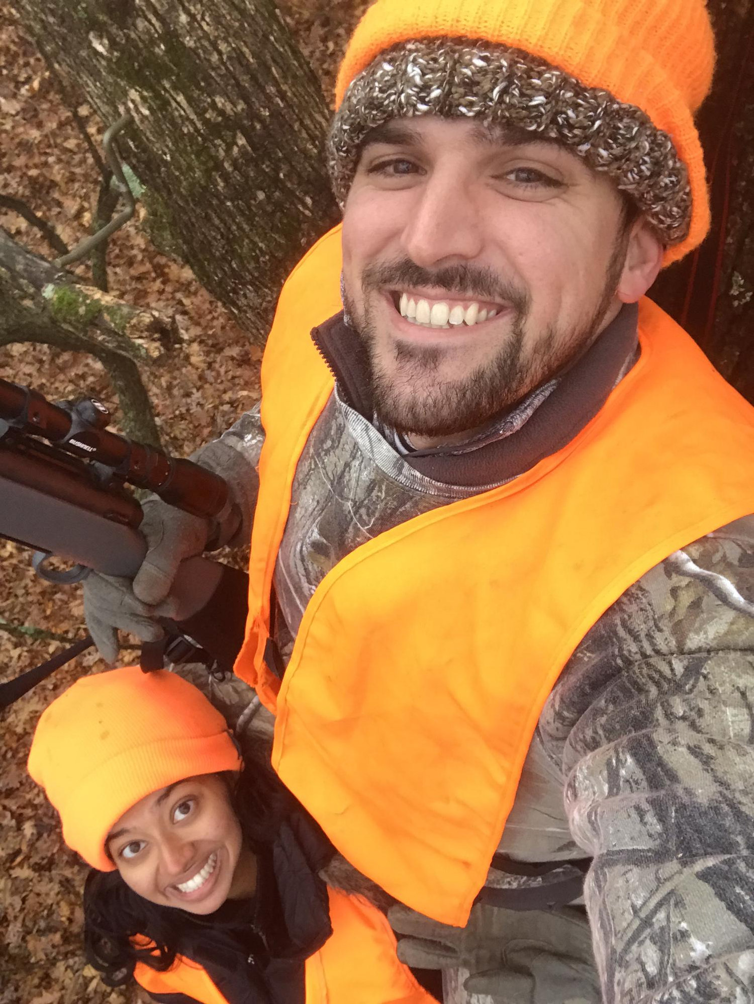 Our first time hunting together. We sat in a one person tree stand and thankfully did not exceed the weight limit!