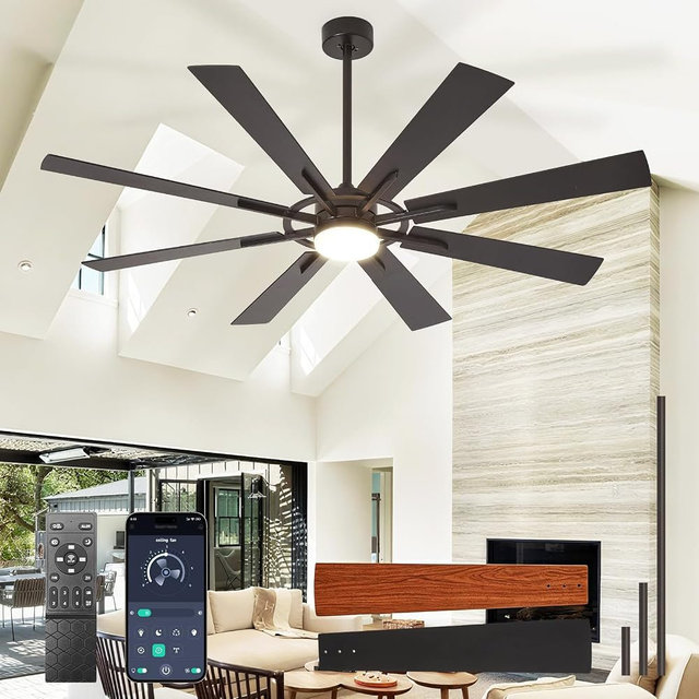 BvenuBigLite Large Ceiling Fans with Lights: Modern 66 Inch 8 Blade Outdoor Ceiling Fan with Remote APP Control - Dimmable Black Big Fan Light Indoor Reversible 6 Speed Quiet DC Motor