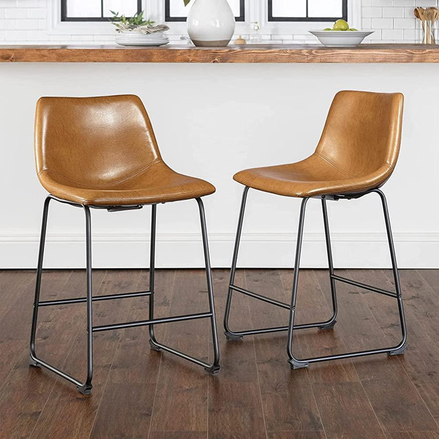 LEMBERI 26 inch Bar Stools Set of 2, Modern Counter Height Bar Stools, Faux Leather Barstool with Back and Metal Leg, Armless Dining Chairs for Kitchen Island Pub Living Room (26, Whisky)