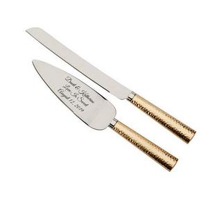 Personalized For Free Wedding Cake Server and Knife Set With Gold Hammered Style Handles In Gold And Silver Tone Cake Knife Server Set