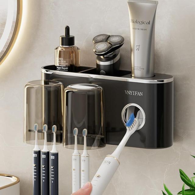 VNYIFAN Toothbrush Holders Bathroom Decor with Toothpaste Dispenser, 2 Cups Toothbrush Holder Wall Mounted Bathroom Accessories Set with 6 Toothbrush Slots(Black)