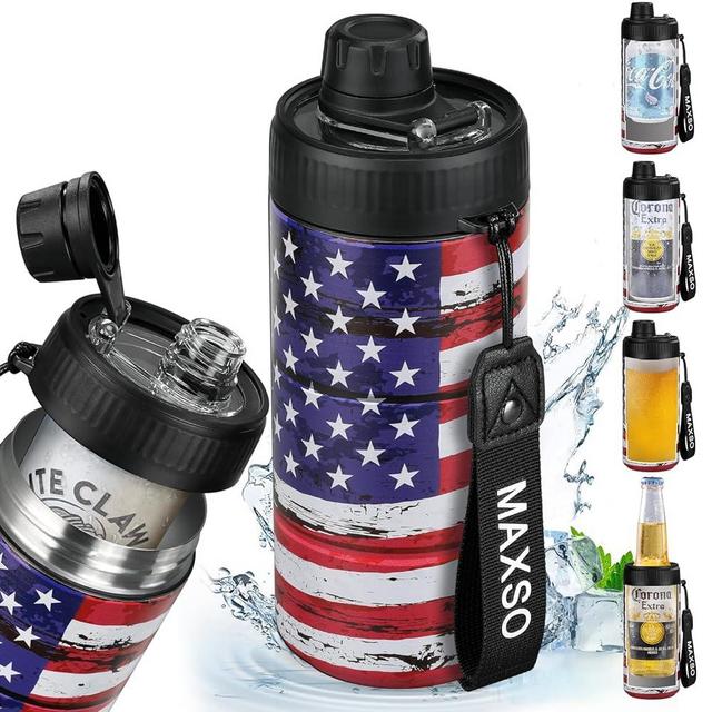 MAXSO Sealed Can Cooler Fizz Lid Can Cover for 12 oz Regular, Slim Skinny Cans & As Thermal Bottle, 4-in-1 Insulated Vacuum Stainless Steel Carbonated Cold Drink Holder -America Flag