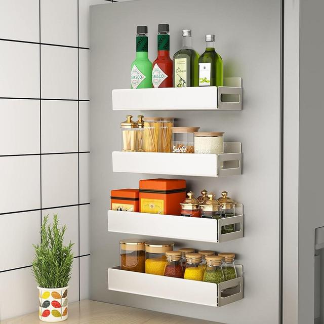 BIETCR Magnetic Spice Rack Organizer For Refrigerator, Magnetic Shelf For Refrigerator And Microwave Oven, Metal Kitchen Organizer For Space Saver (4 Pack White)