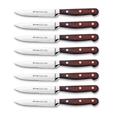 Steak knives, Emojoy Steak knife set, Pakkawood Handle Highly Resistant and Durable, German Stainless Steel Steak Knives Serrated (1 Set of 8-Piece Steak Knives)