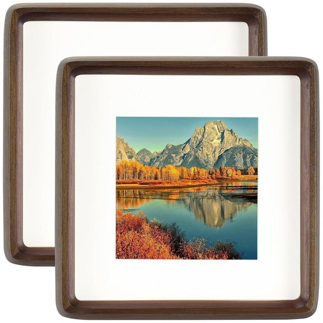 HELPLEX 6x6 Matted to 4x4 Square Picture Frame Set of 2 - Natural Walnut Wood with HD Tempered Glass, Convertible Design for Wall or Tabletop Display - Art Gallery & Luxury Home Office Decor