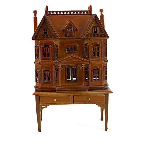 Meirucorp 1/144 Scale Miniature Dollhouse Walnut House Shape on 1/12 Scale Table Wooden