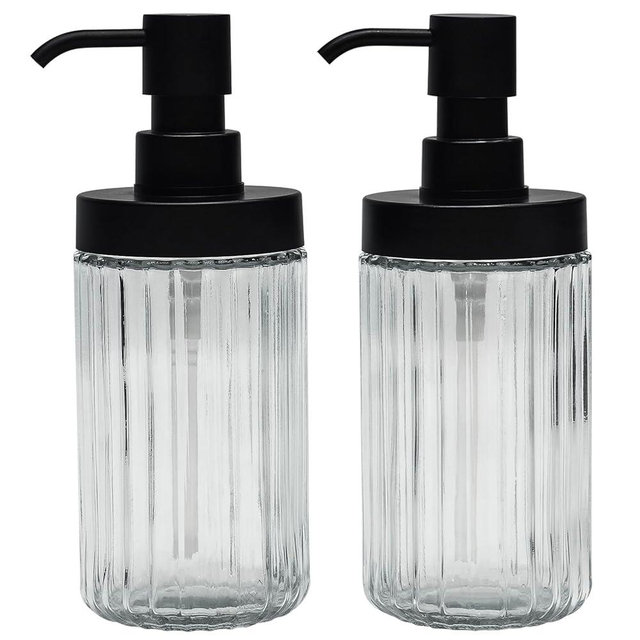 Suanti Ribbed Hand Glass Soap Dispenser Set of 2 for Bathroom Countertop & Kitchen Sink Decor, Easy Refill Wide-Mouthed Glass Soap Bottles with Matte Black Pump for Liquid Dish Soap-14.3 oz