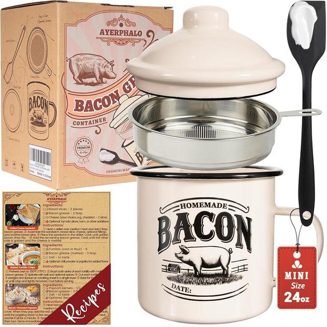 Bacon Grease Container with Strainer - With Food-Grade Silicone Spatula, 24oz Enamel Rustic Farmhouse Fat Container, Keeper, Recipes, Dishwasher Safe