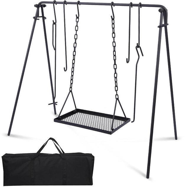 Lineslife Grill Swing Hanging Campfire Cooking Stand with Adjustable Iron Grill Grate, Collapsible Campfire Cooking Rack with Hooks and Accessories for BBQ Picnic, Outdoor Camping Cookware, Dutch Oven