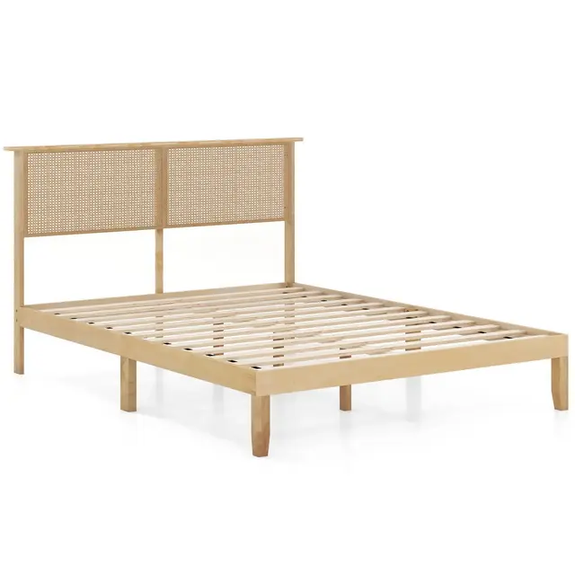 Tangkula Queen Size Bed Frame w/ Rattan Headboard 10 Solid Wood Legs & 12 Wooden Slats