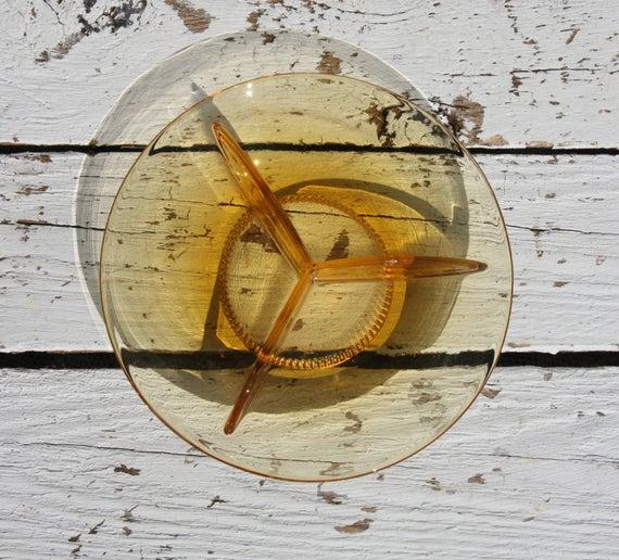 Yellow * Orange 3-compartments glass dish in beautiful old-fashioned color orange brown/dish/glass/antique/Retro/segments/Squares