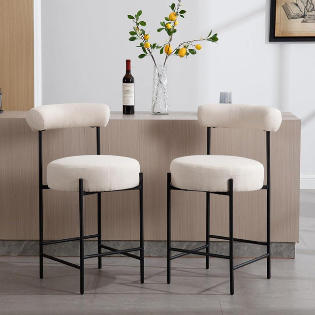 Shunzhi Modern Bar Stools Set of 2 Linen Fabric Upholstered Bar Stools with Back/Round Seat Counter Stools Comfy Bartools for Kitchen Island/Bistro,Black Metal Legs,26 Inch Beige