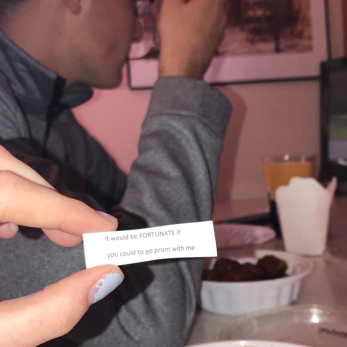 Last Prom Proposal. He asked with Chinese food and somehow he got the fortune (where it had the question on it) into a fortune cookie