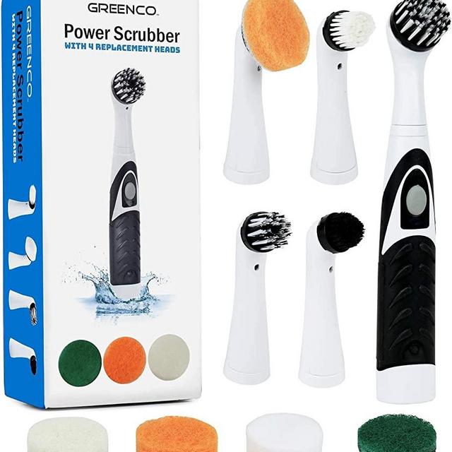 Greenco Electric Power Scrubber with 4 Replaceable Brush Attachment Heads, White