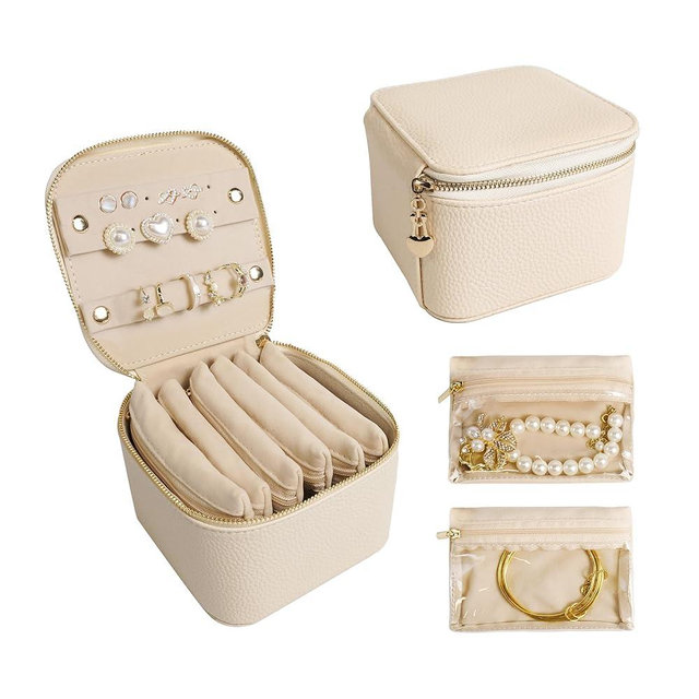 WATANIYA HOME Travel Jewelry Case, Small Travel Jewelry Box with 6 Velvet Jewelry Bag Mini Pouch, Portable Travel Jewelry Organizer for Rings Earrings Necklaces, Beauty Gifts for Women Girls (Beige)