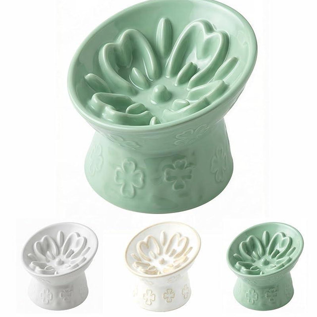 TRUVIC Ceramic Slow Feeder Cat Bowl, Elevated Cat Wet Food Bowl Tilted Design, Raised Slow Feeder Dog Bowl no Black Chin, Four-Leaf Clover Shape for Dry and Wet Food, Green