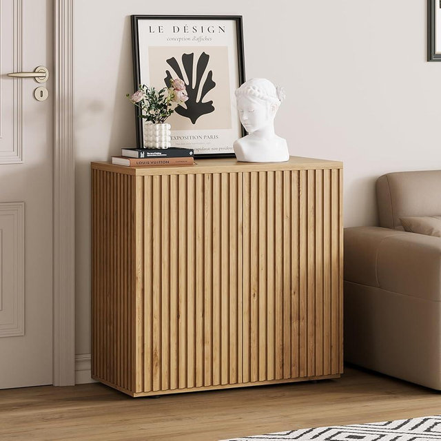 31.5" Fluted Buffet Cabinet with Storage Sideboard Cabinet Accent Credenza Modern Console Cabinets Coffee Bar Table with Pop-up Doors for Living Room, Entryway, Dining Room, Kitchen, Hallway, Oak