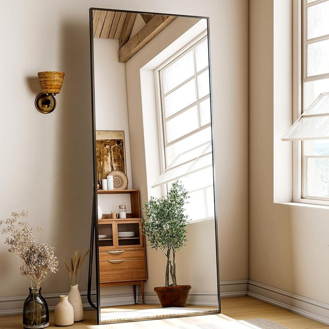 XRAMFY 68"x 24" Full Length Mirror with Stand, Large Wall-Mounted or Leaning Floor Mirror with Aluminum Alloy Frame, Rectangular Wall Mirrors for Bedroom, Entryway, and Living Room Decor, Black