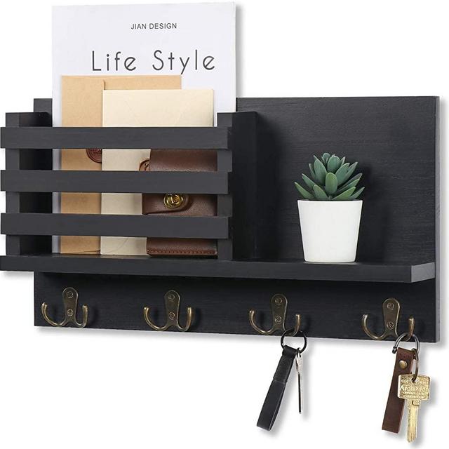 Mail Holder for Wall – Rustic Mail Organizer with Key Hooks for Hallway Kitchen Farmhouse Decor – Letter Sorter Made of Paulownia Wood with Floating Shelf, (16.5” x 9.1” x 3.4”)