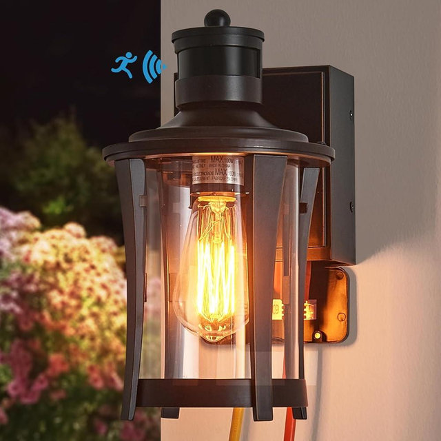 Yisuro Porch Lights with GFCI Outlet, Outdoor Lights Dusk to Dawn Motion Sensor, 3 Lighting Modes Exterior Light Fixture Waterproof for House Front Door Patio, Black