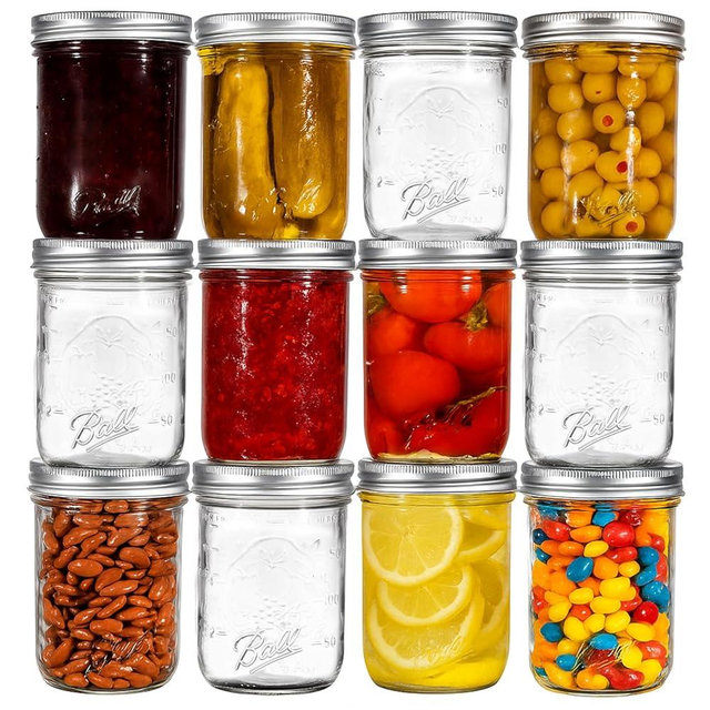 Ball Regular Mouth Mason Jars 8 oz. (12 Pack) - Half Pint Size Jars with Airtight Lids and Bands for Canning, Fermenting, Pickling, Meal Prep or DIY Decors and Projects Bundled with Peaknip Jar Opener