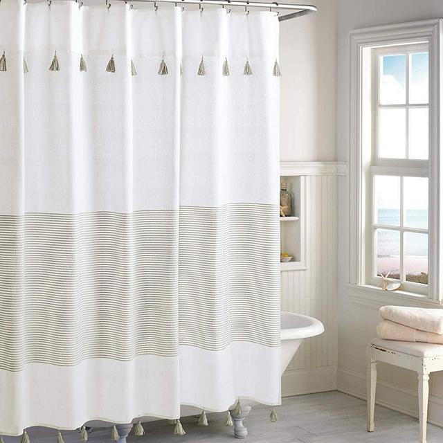 Panama Stripe Boho Farmhouse Tassel Shower Curtain 100% Cotton Fabric Shower Curtain with Tassels for Bathroom Decor, 72 x 72 inches, 72 x 72 inches, Taupe