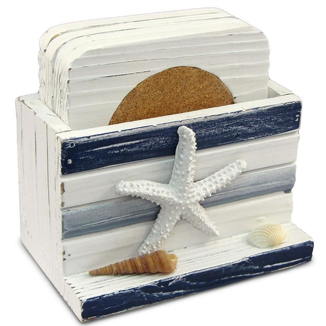 Puzzled White and Blue Stripes Wooden Nautical Coasters - Tabletop Wooden Coastal Decor for Home, Kitchen, Bar, Beach Themed Gifts Square Coasters Set of 4, Handmade Drink Coasters with Holder