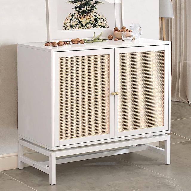 AWQM Sideboard Buffet Cabinet, Accent Storage Cabinet with 2 Rattan Doors, Farmhouse Accent Side Cabinet with Adjustable Shelves,Natural Wood Sideboard Entryway Table for Bar, Dining Room,White