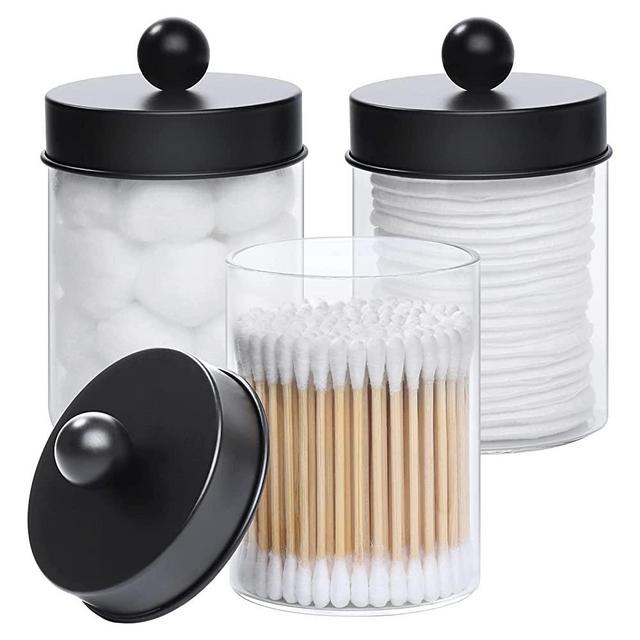 Tbestmax Glass Qtip Holder Dispenser, 10-Ounce Bathroom Containers Apothecary Jars with Metal Lids for Cotton Ball Swab Pad, Black (3 Pack)