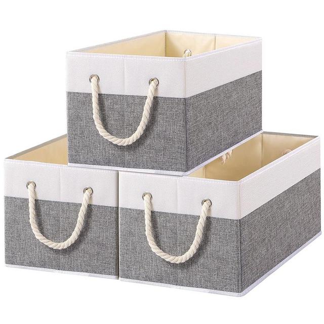 Yawinhe Foldable Storage Basket 3-Pack, Large Fabric Storage Bins with Rope Handle, Used for Organizing Shelves, Closets, Clothes Storage Box, 12.99''Lx9.05''Wx7.87''H, White/Grey