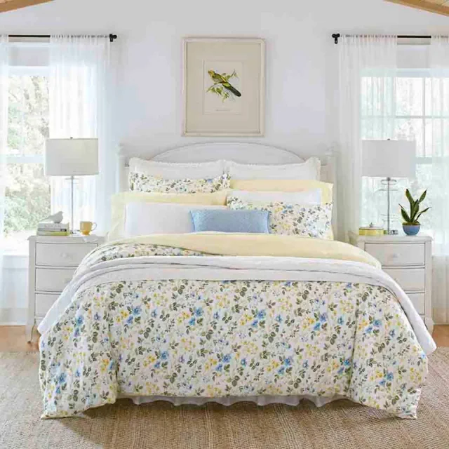 Laura Ashley 3pc King Meadow Floral 100% Cotton Duvet Cover & Sham Set White/Blue: Sateen Texture, OEKO-TEX Certified