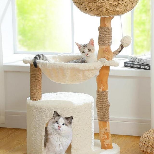 MUTTROS Modern Cat Tree for Large Cats, Wood Cat Tower for Indoor Cats, Real Branch Luxury Cat Furniture with Super Large Cozy Condo and Hammock & Scratching Post, Top Basket, White