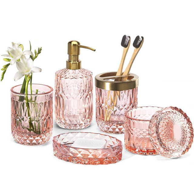 EMPO 6PCS Bathroom Clear Glass Accessories Set (Lotion Soap Dispenser, Soap Dish, Toothbrush Holder, Tumbler, Cotton Swab Jar), Contemporary Modern Decor Crystal Vintage Gift (6pcs Light Pink)