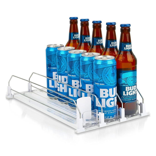 Soda Can Dispenser for Refrigerator, 3 Row Self-Pushing Rack, Fits up to 15 Cans, Width Adjustable Beverage Storage Rack, 15inch White