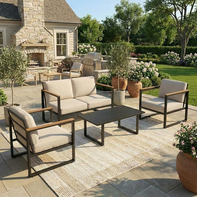 Outdoor Patio Furniture Sets of 4, Metal Patio Conversation Sets with Coffee Table, Outside Seating Furniture with Loveseat, 2 Chairs and Thick Cushions for Porch, Apartments, Deck, Bistro, Garden