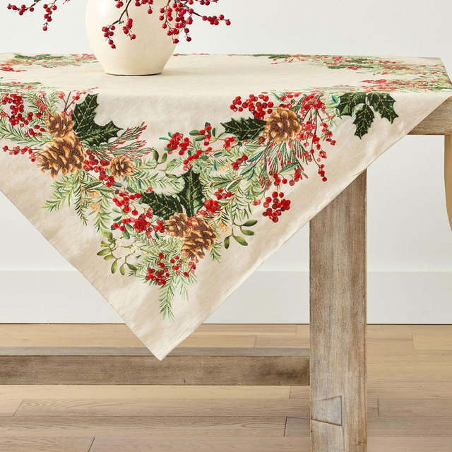 Holly Berry Cotton/Linen Table Throw, 50" - Multi