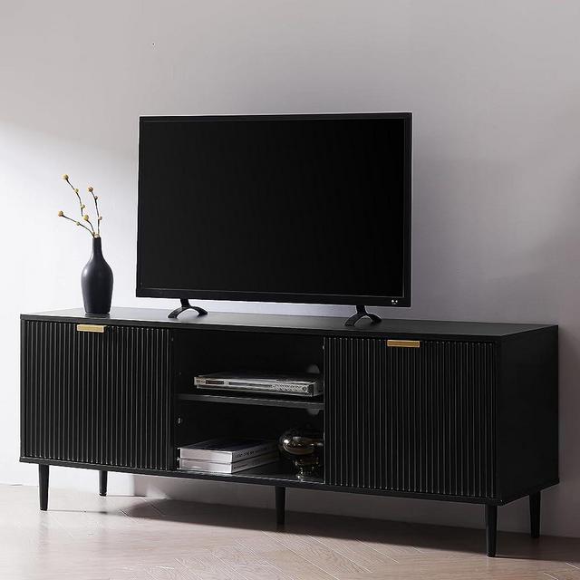 Okvnbjk TV Stand for 65+ Inch TV, Modern Living Room Entertainment Center with Storage Cabinets, Waveform Panel Wood TV Cabinets with Sliding Doors &Ajustable Shelves, Black TV Console for Bedroom