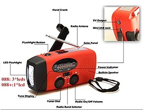 iRonsnow Dynamo Emergency Solar Hand Crank Self Powered AM/FM NOAA Weather Radio LED Flashlight Smart Phone Charger Power Bank with Cables, Red