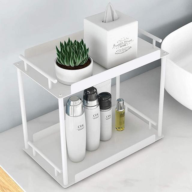 FLE Bathroom Organizer Countertop,2 Tier Bathroom Counter Organizer Kitchen Spice Rack Cosmetic Organizer,Countertop Storage Shelf for Bathroom, Kitchen, Living Room, Bedroom, Dressing Table,White