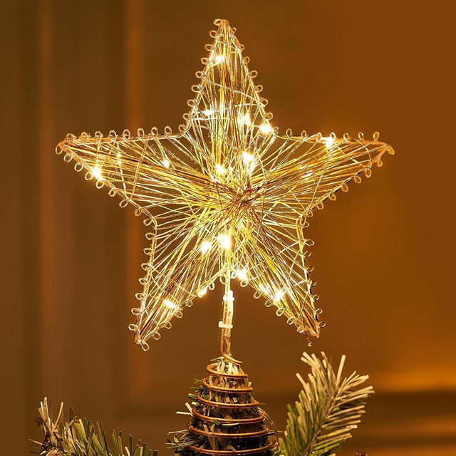 Joiedomi Christmas Tree Toppers, Gold Metal Star Tree Topper, Battery Powered Treetop Ornaments Hollow Star Lighted with Warm White LED Lights for Xmas Tree Decorations, Holiday Party Indoor Decor